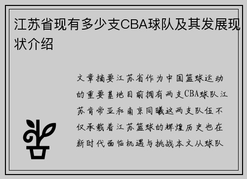 江苏省现有多少支CBA球队及其发展现状介绍